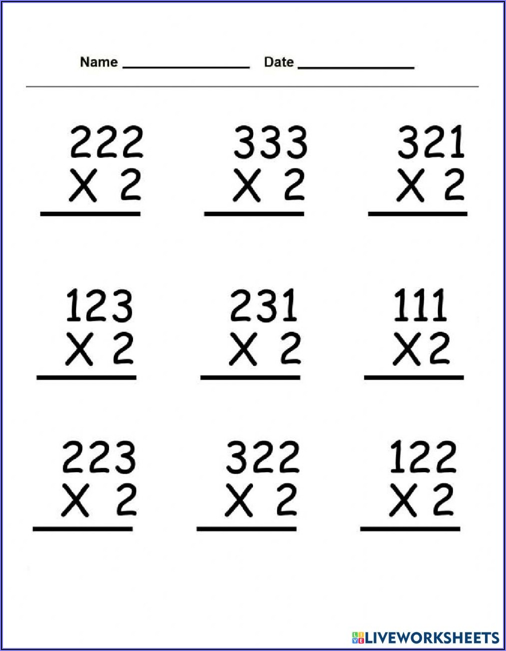 Multiplication Worksheet Without Regrouping