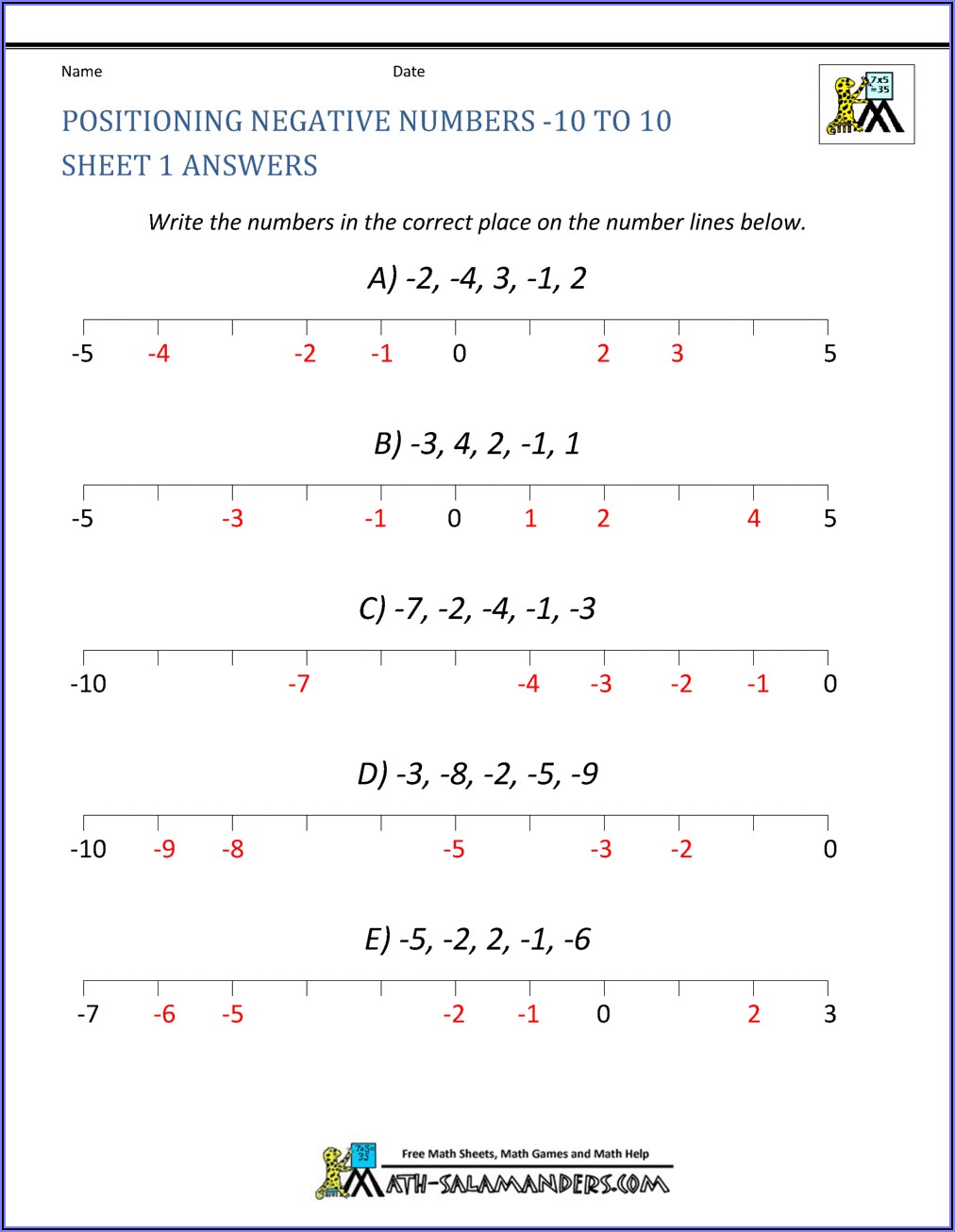 Negative Numbers Difference Worksheet Ks2