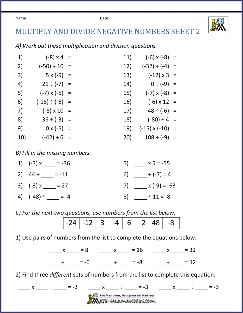 Negative Numbers Worksheet Ks2 With Answers