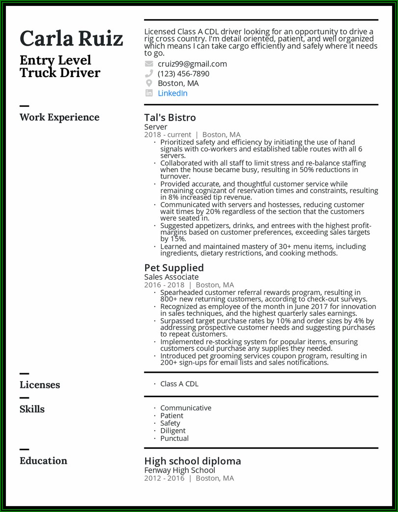 Objective For Truck Driver Position Resume