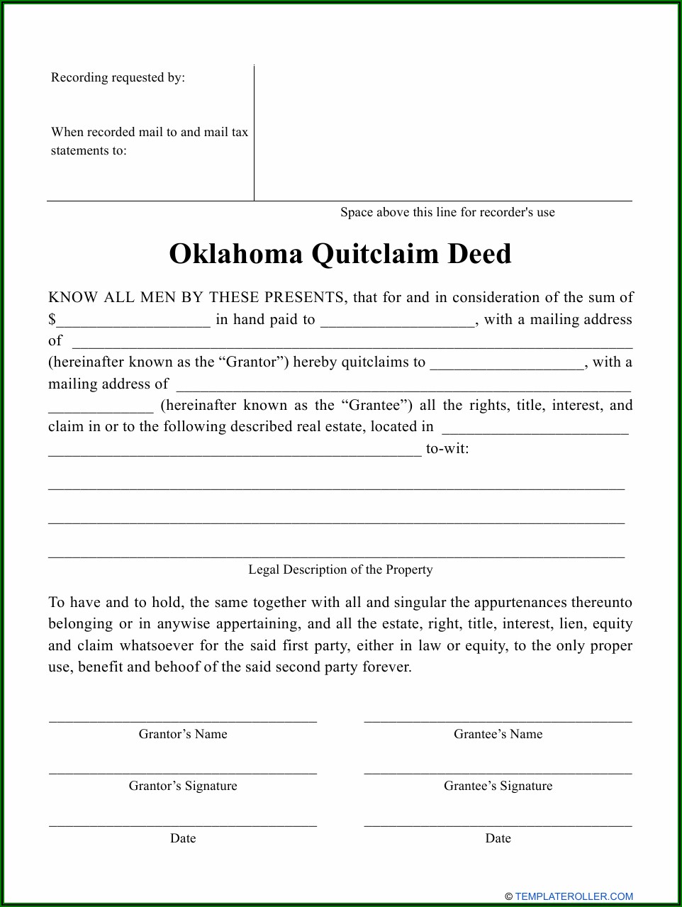 Oklahoma Quit Claim Deed Form Free Download