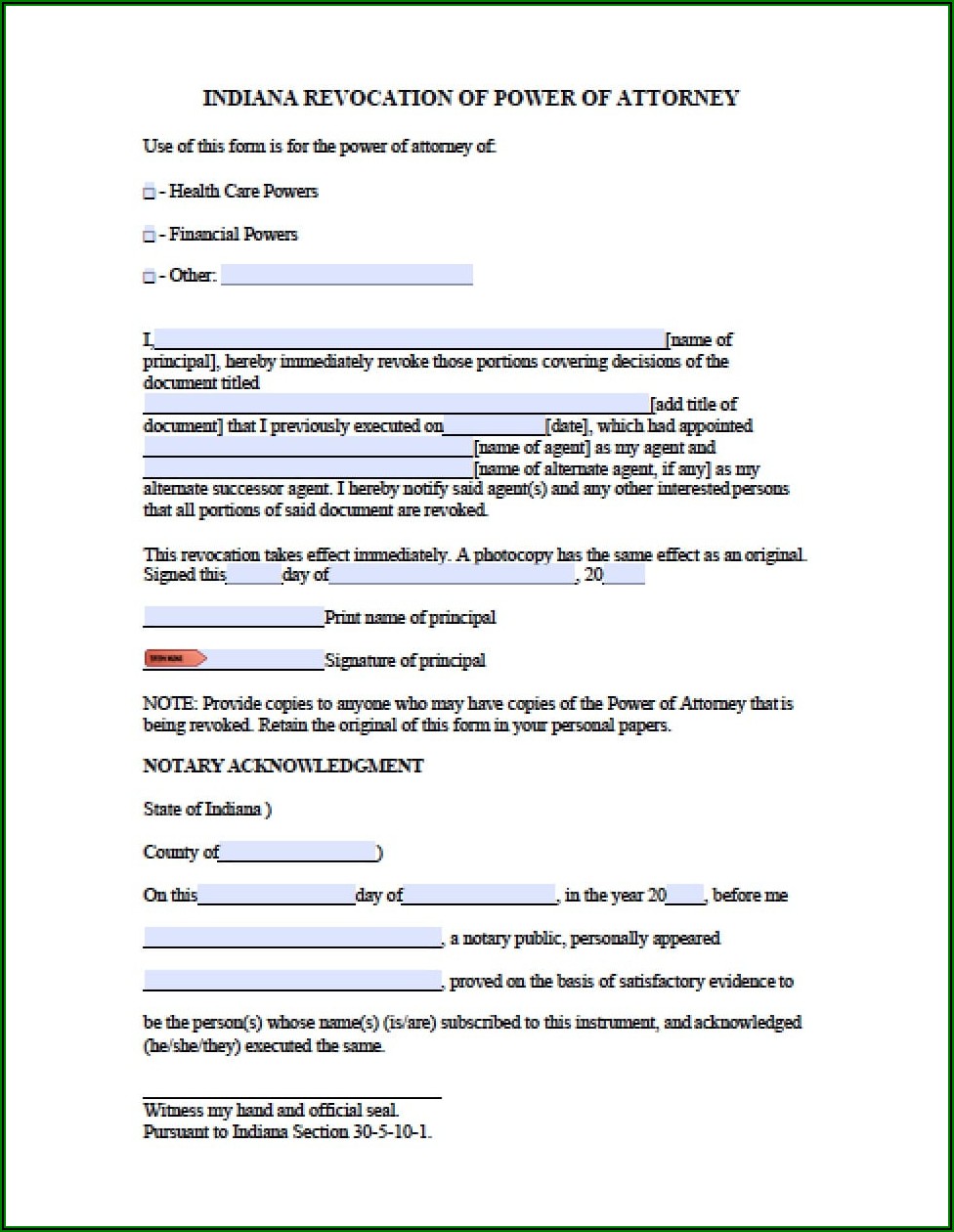 Power Of Attorney Form Indiana Sample