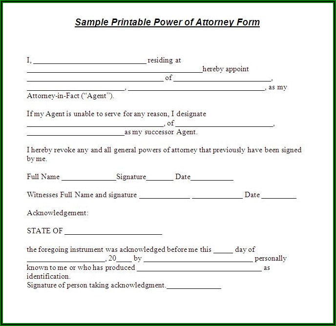 Power Of Attorney Sample Form