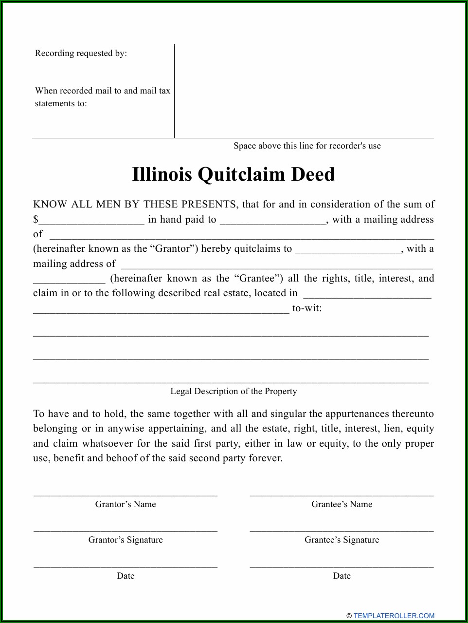 Printable Quit Claim Deed Form Free Illinois