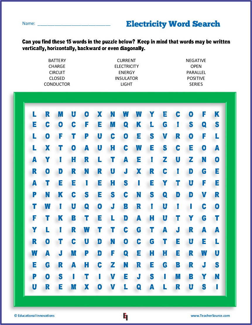 Printable Word Search On Electricity