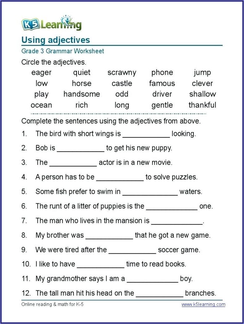 Printable Worksheet English Grade 4