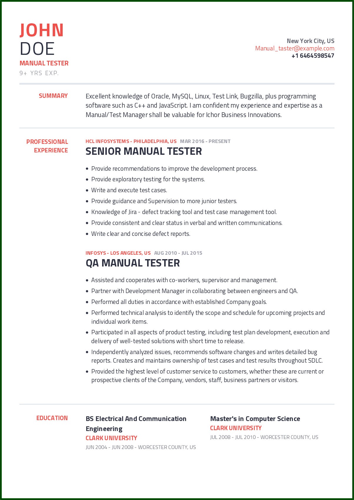 Qa Manual Tester Sample Resume