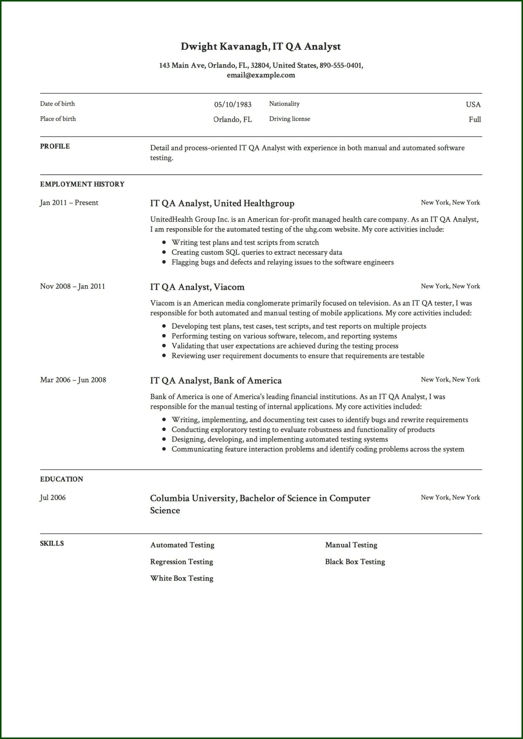 Quality Assurance Analyst Job Description For Resume