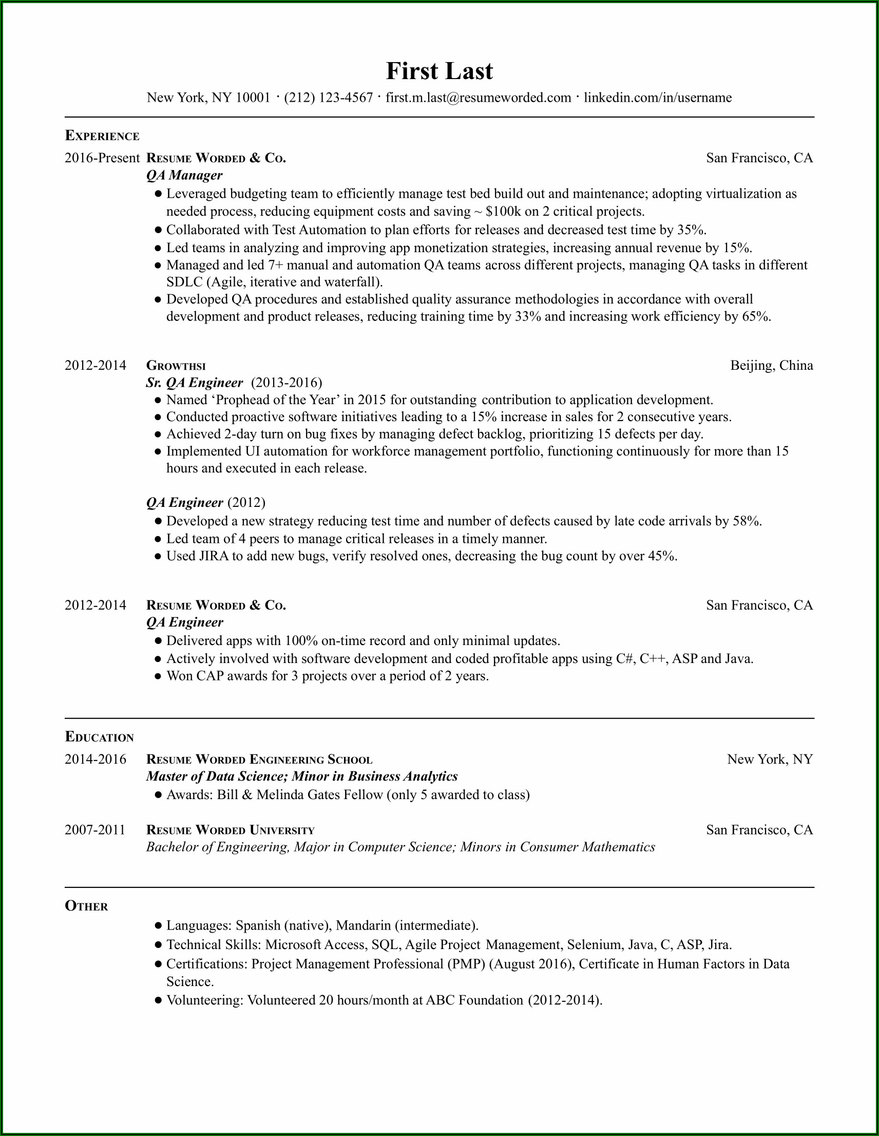 Quality Assurance Manager Professional Summary
