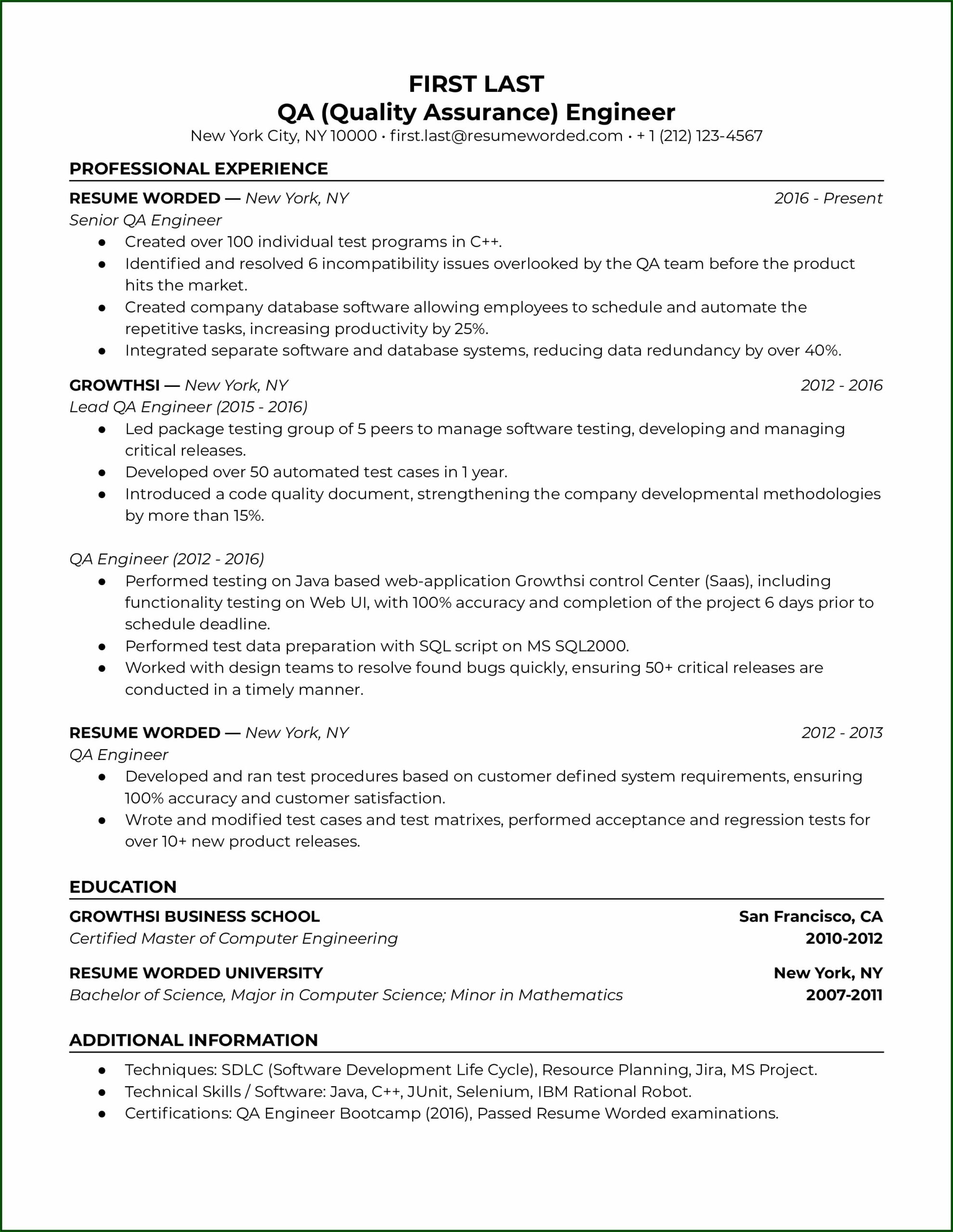 Quality Assurance Specialist Job Description For Resume