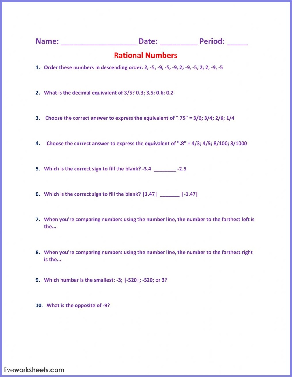 Rational And Irrational Number Worksheet Pdf
