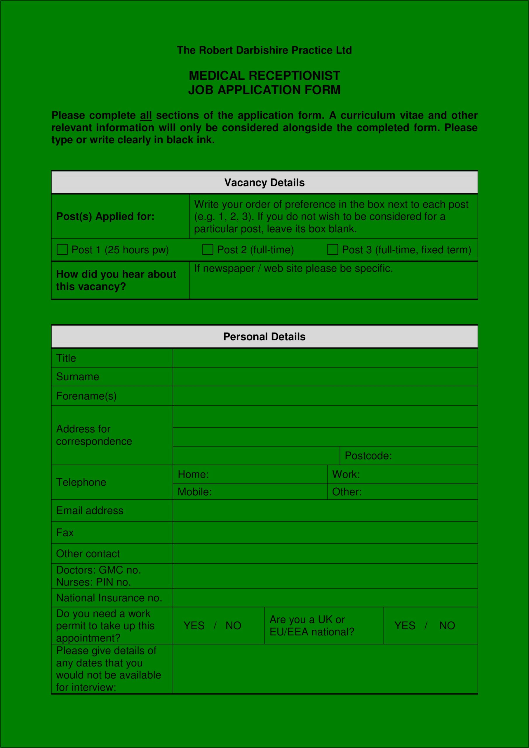 Receptionist Job Application Form