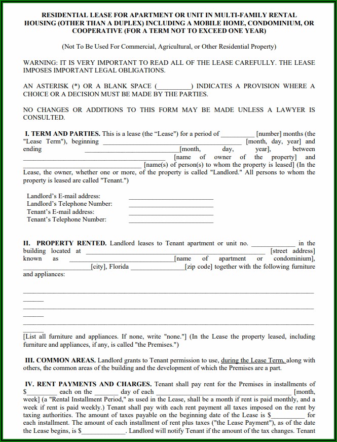 Residential Lease Agreement Form Florida