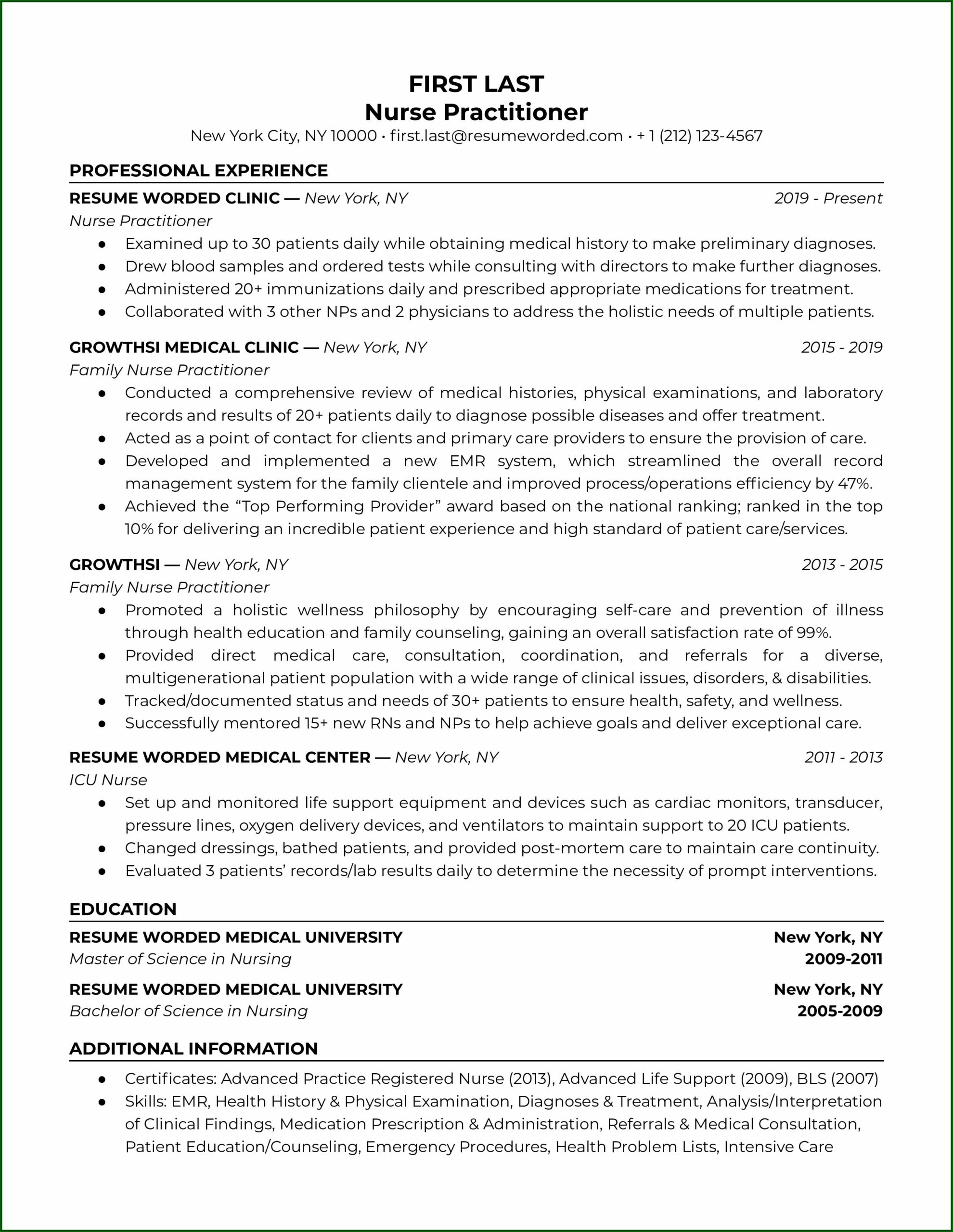 Resume Examples For Nurse Practitioners