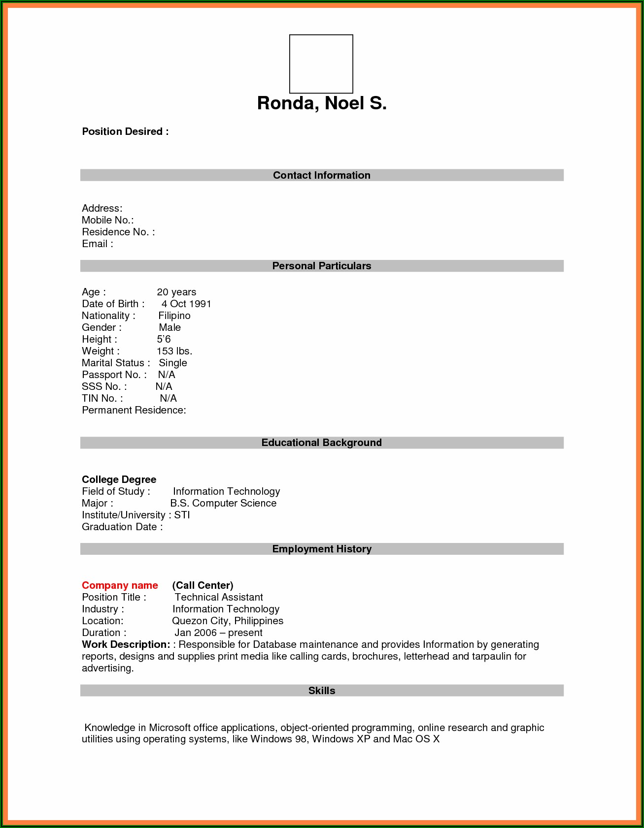 Resume Format For Job Pdf File
