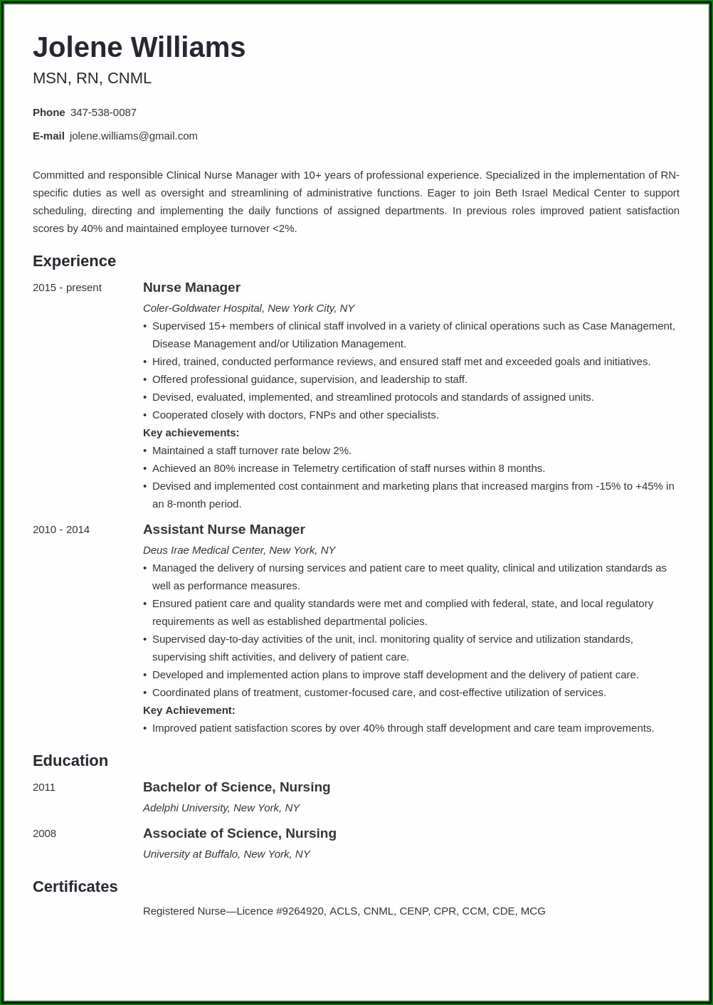 Resume Format For Nurse Supervisor