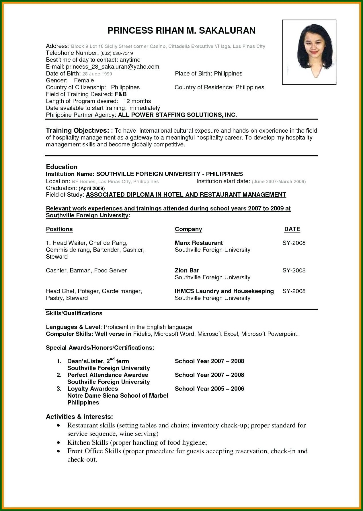 Resume Format For Nursing Staff India