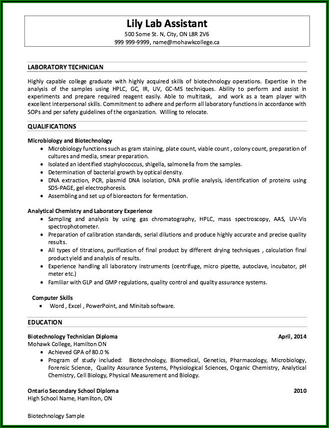 Resume Objective For Medical Laboratory Assistant
