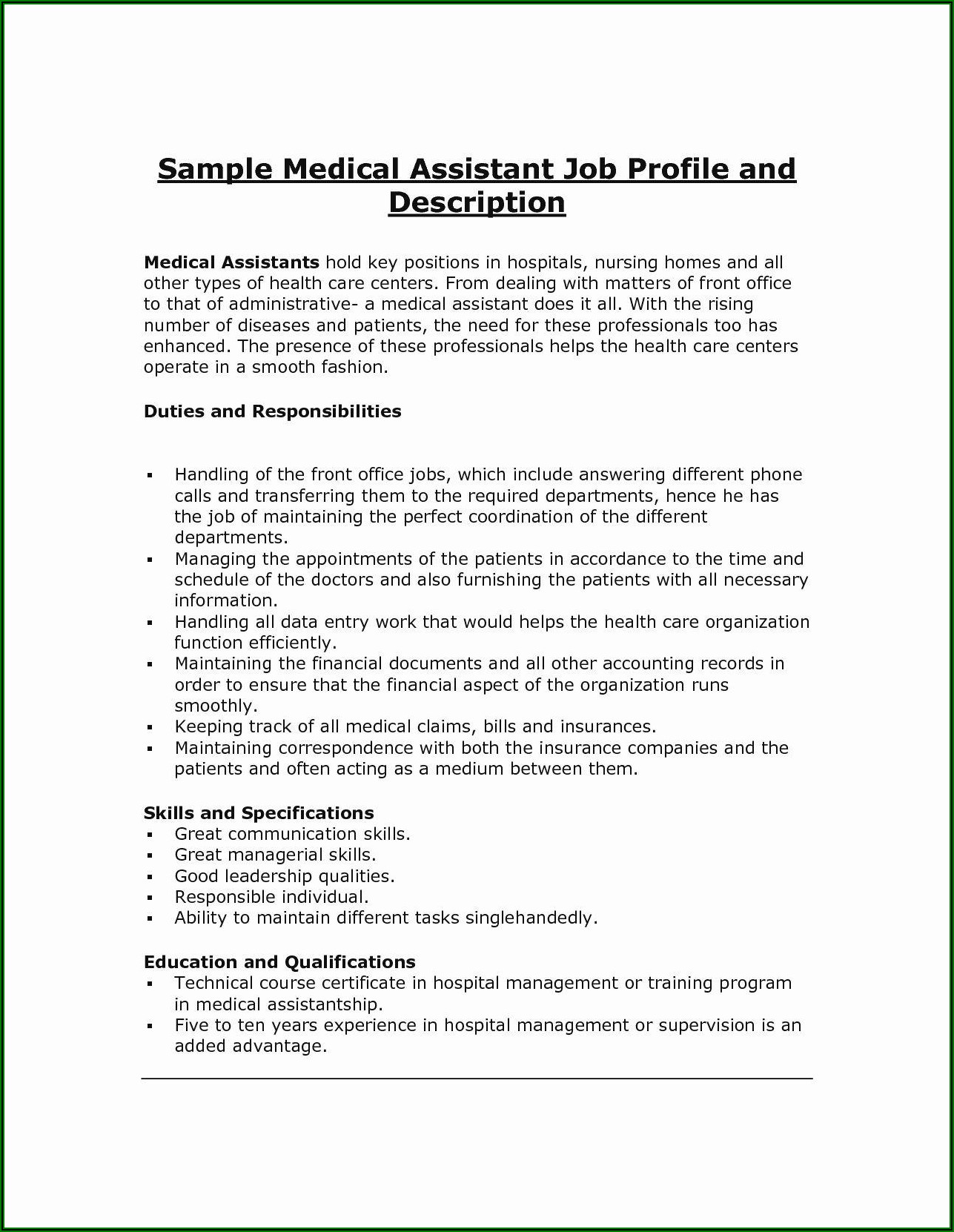 Sample Medical Assistant Job Description For Resume