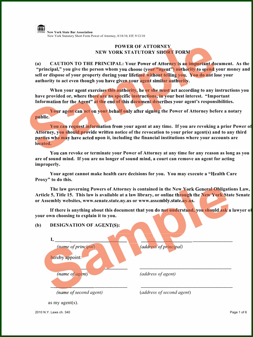 Sample Power Of Attorney Form New York