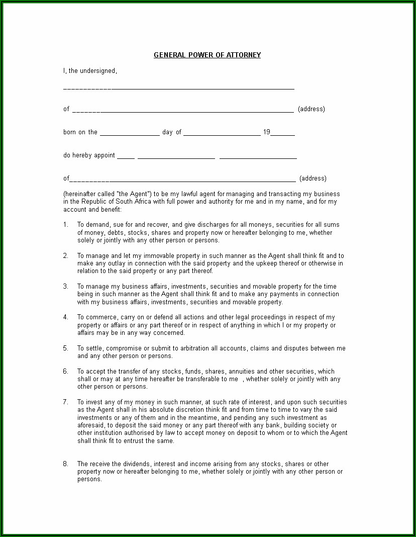 Sample Power Of Attorney Form South Africa