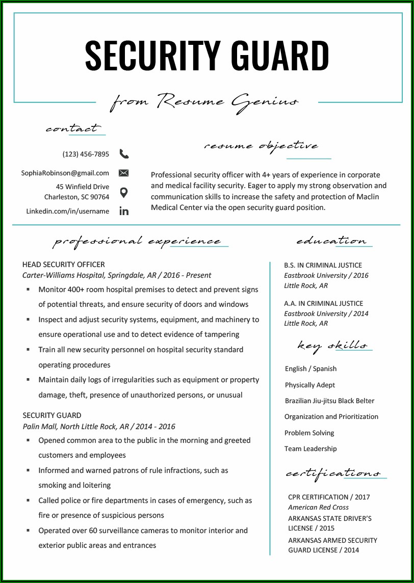 Sample Resume For A Security Guard Job