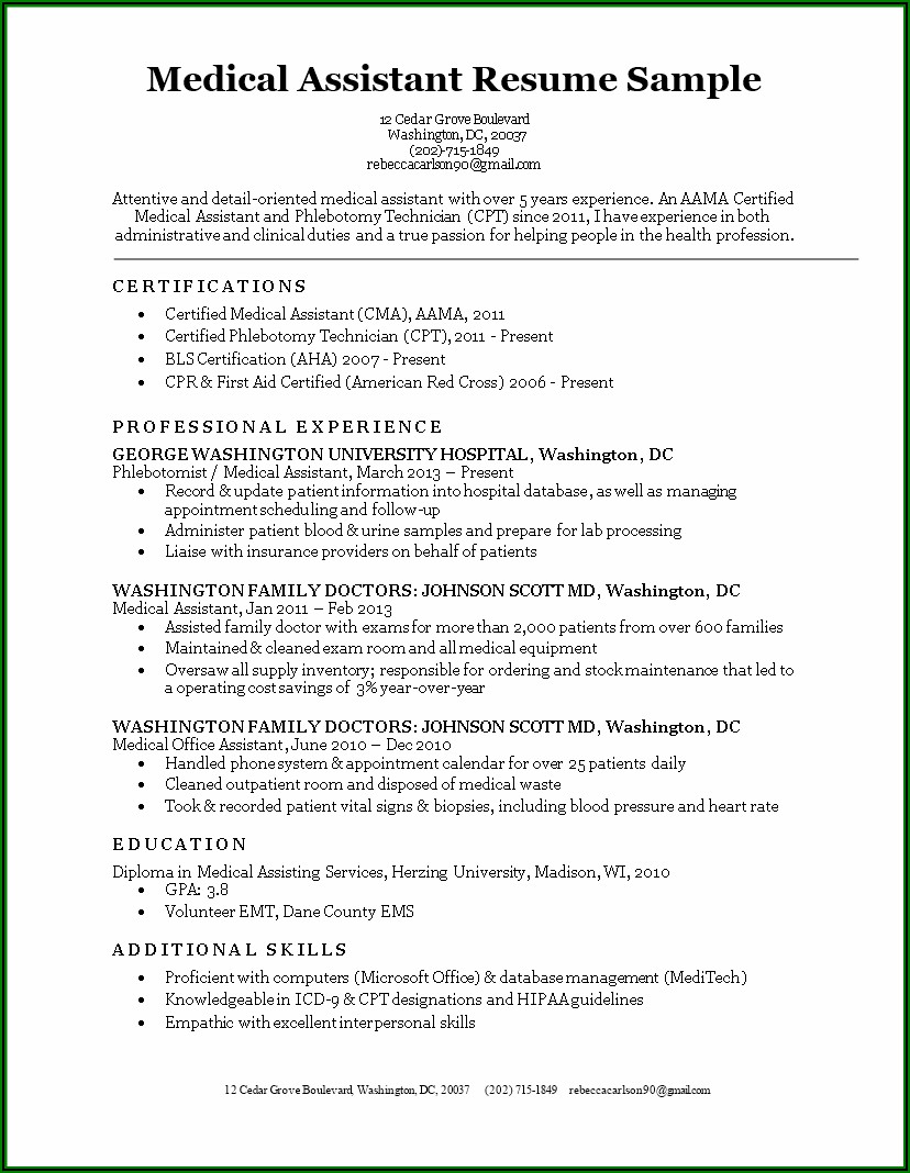 Sample Resume For Medical Assistantphlebotomist