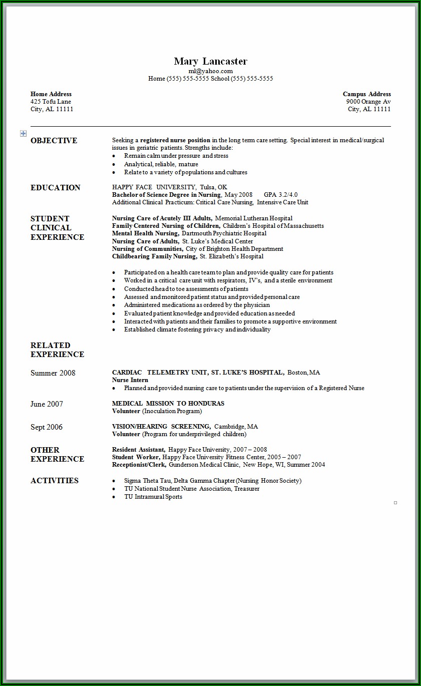 Sample Resume For Newly Graduated Nursing Student