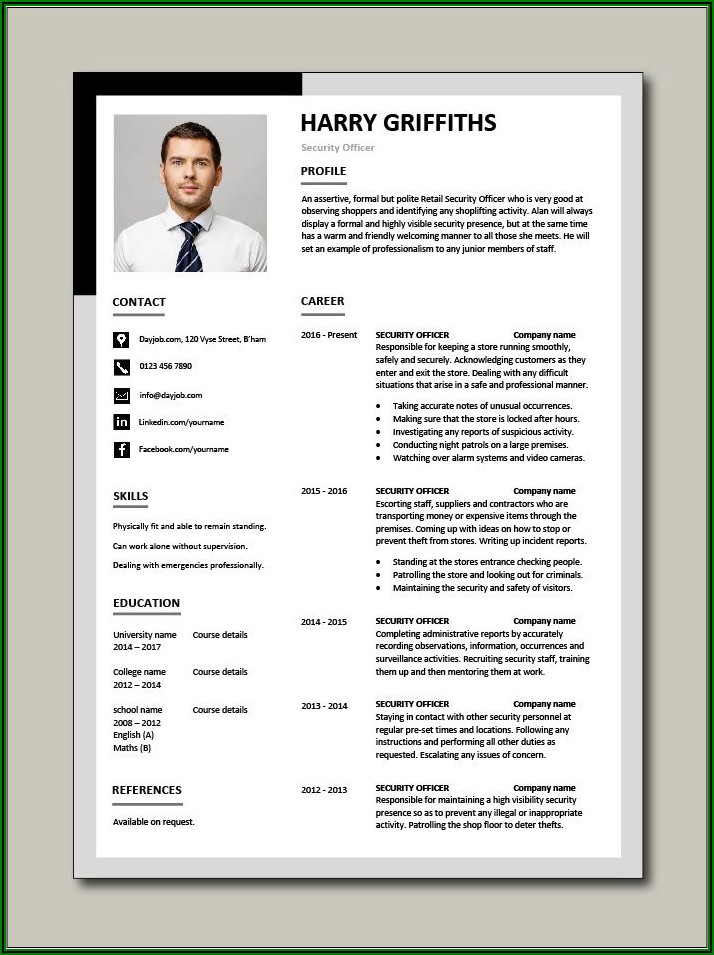 Sample Resume For Security Guard Download