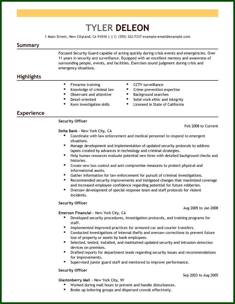 Sample Resume For Security Guard In India