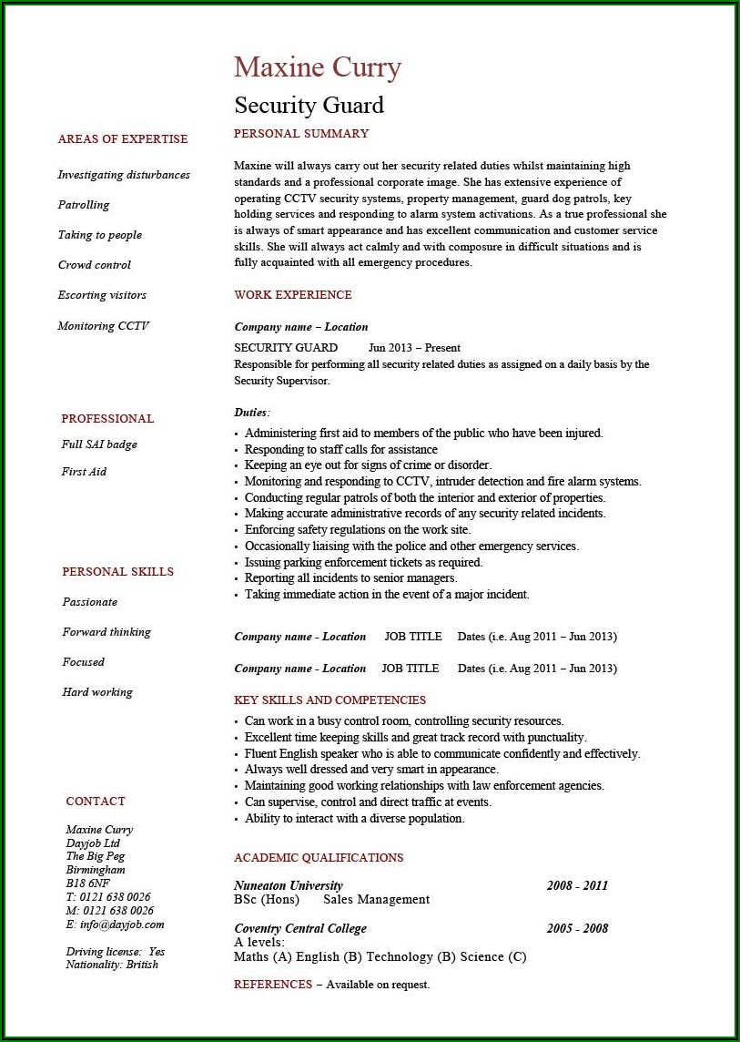 Sample Resume Security Guard Entry Level