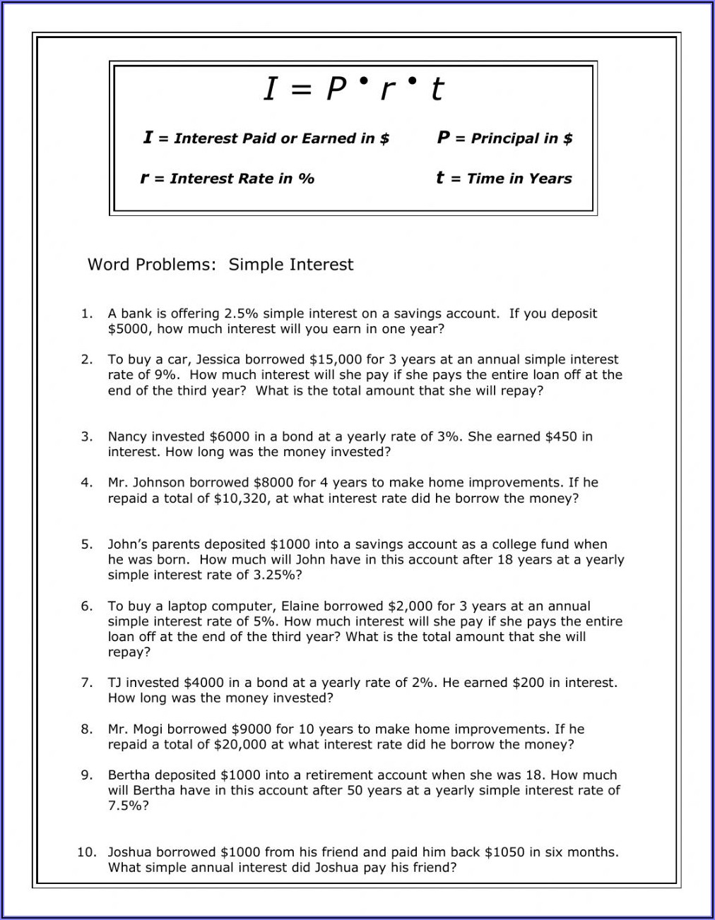 Simple Interest Worksheet Math.about.com Answers