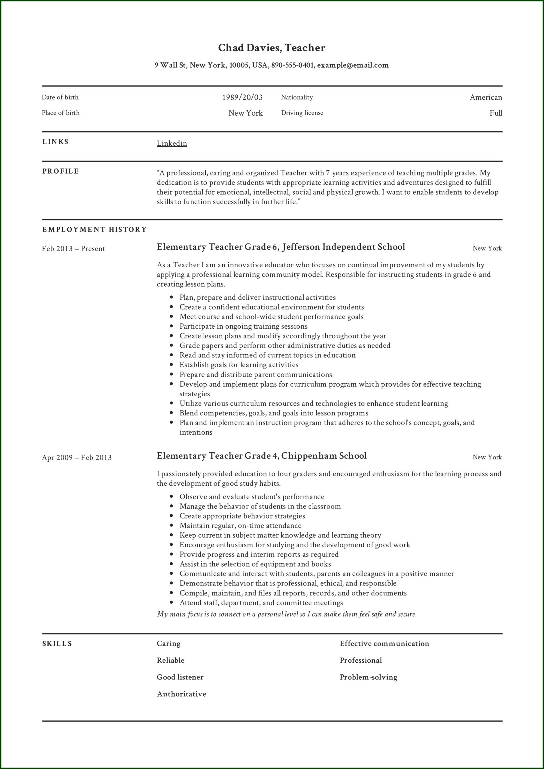 Teacher Job Resume Format Pdf Download