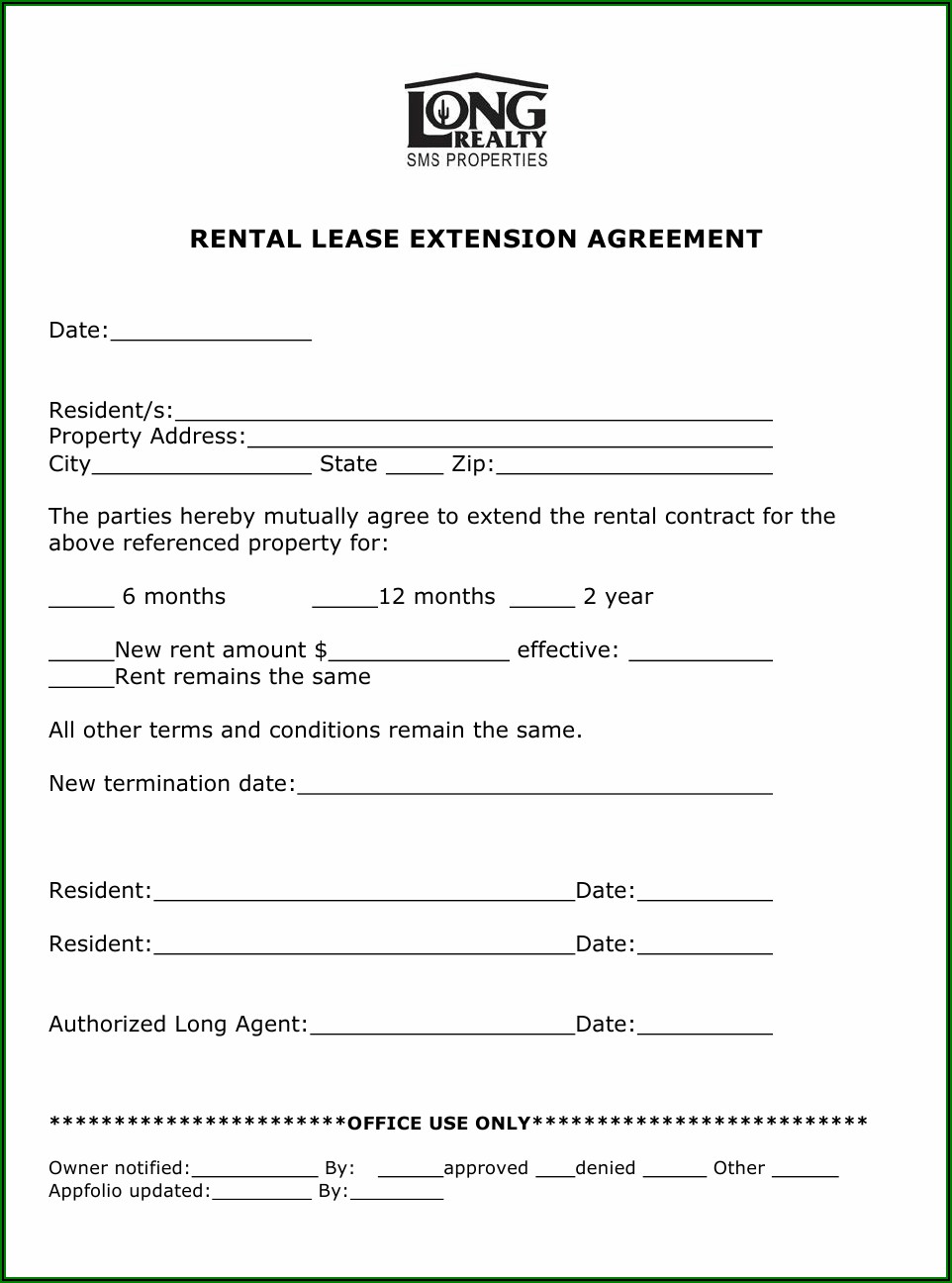Texas Residential Lease Agreement Extension Form