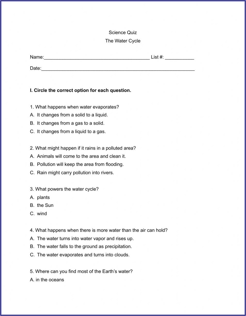 Water Cycle Quiz Worksheet Pdf