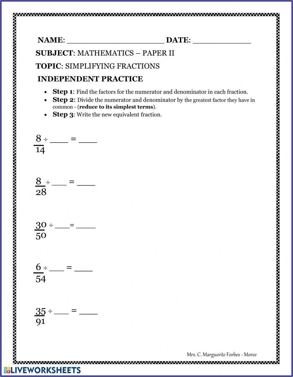 Write Fractions In Lowest Terms Worksheet