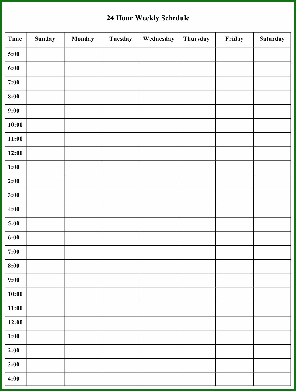 24 Hour Weekly Schedule Template Excel
