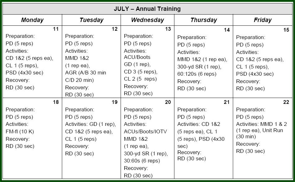 Army Training Calendar Template