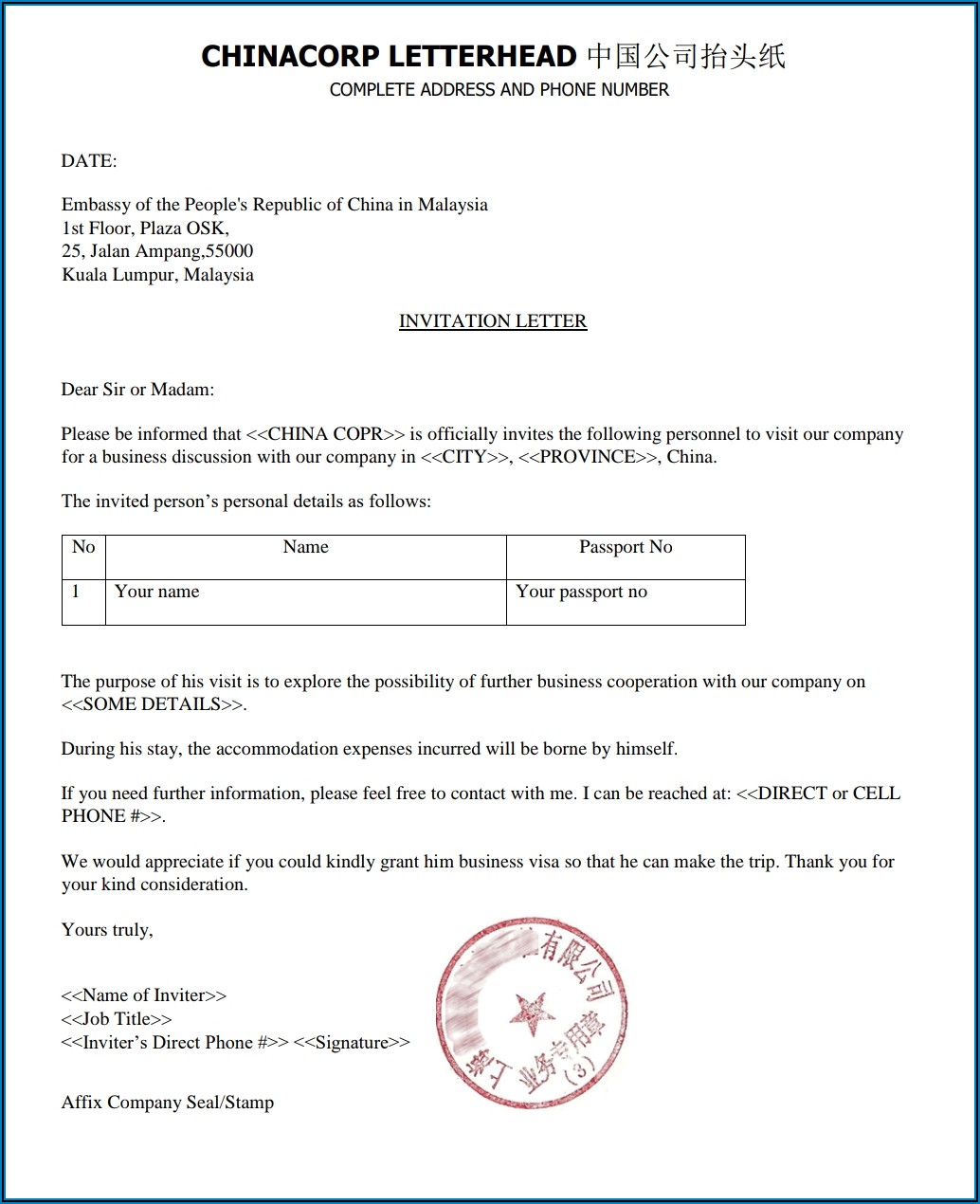 Business Invitation Letter Sample For Visa