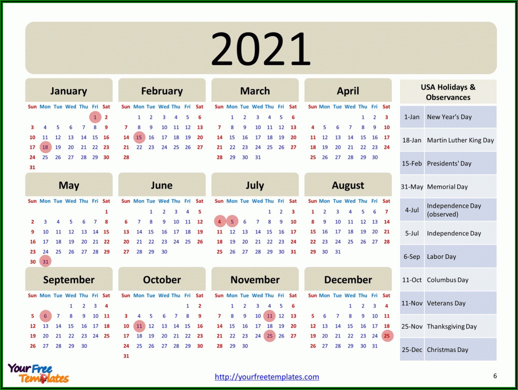 Calendar Template Free Printable 2021