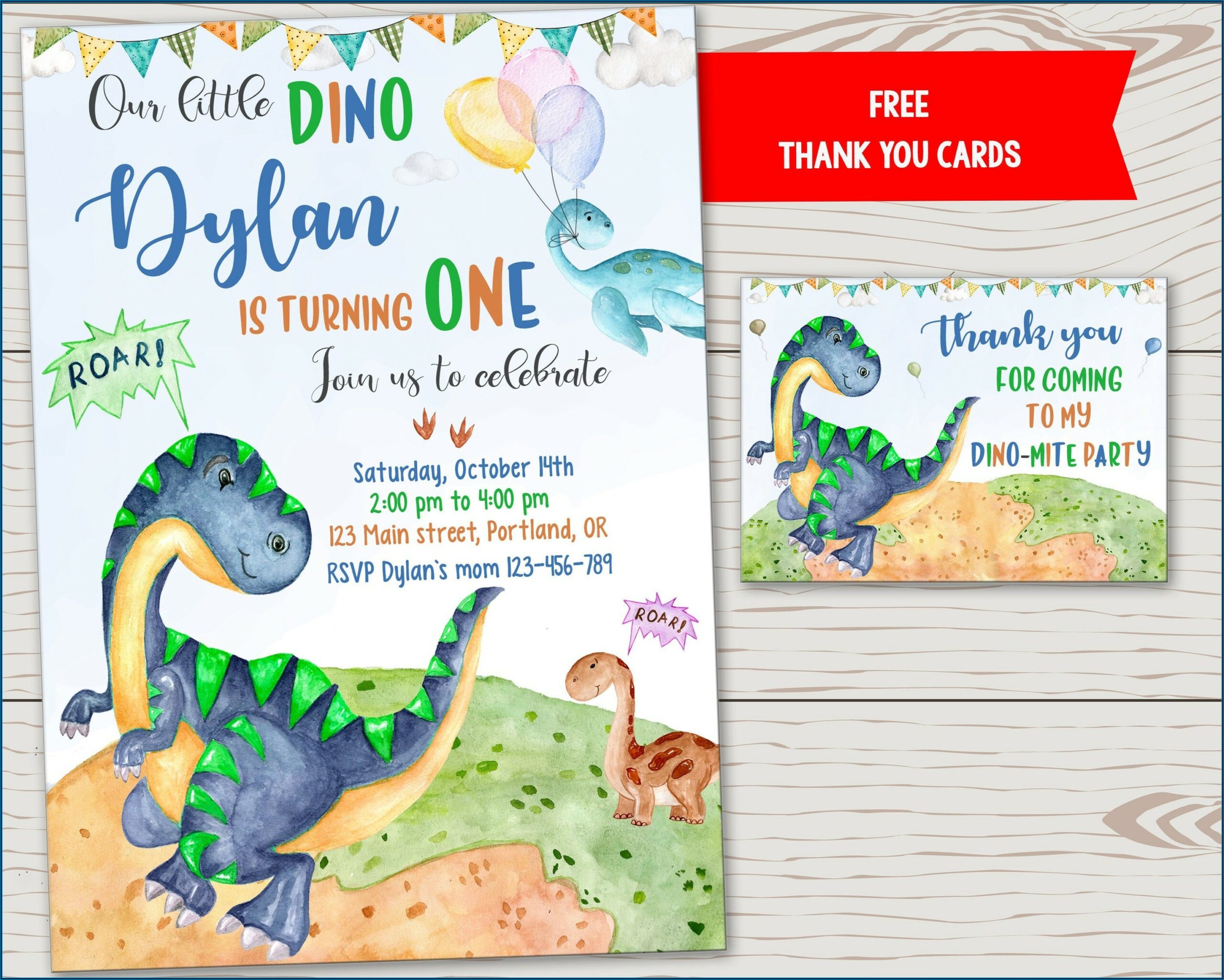 Dinosaur Themed 1st Birthday Invitation
