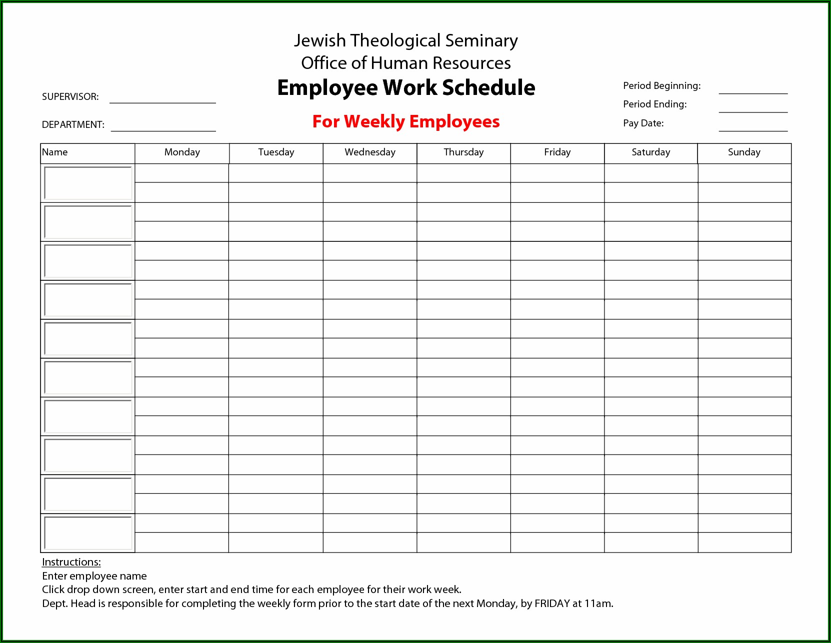 Downloadable Printable Free Weekly Employee Work Schedule Template