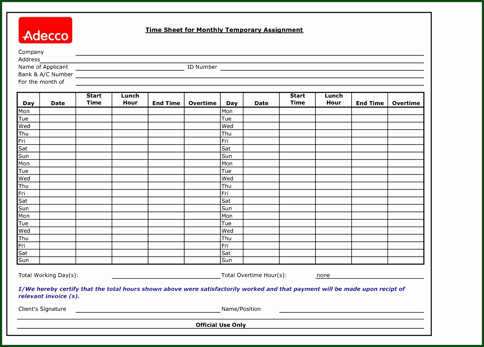 Monthly Timesheet Template Free Download
