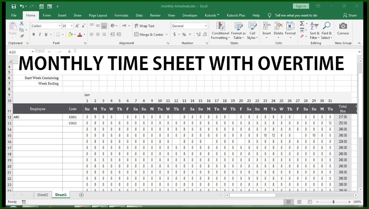 Monthly Timesheet Template With Overtime