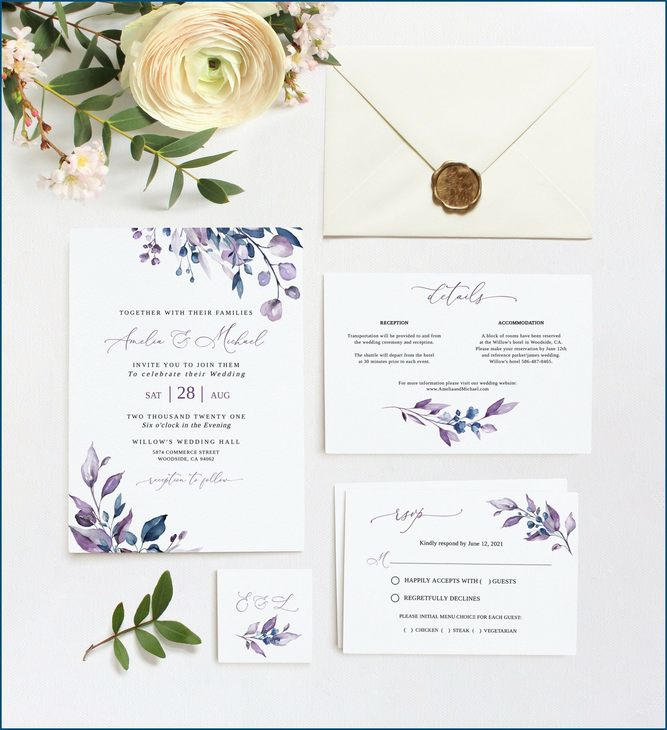 Navy Blue And Purple Wedding Invitations