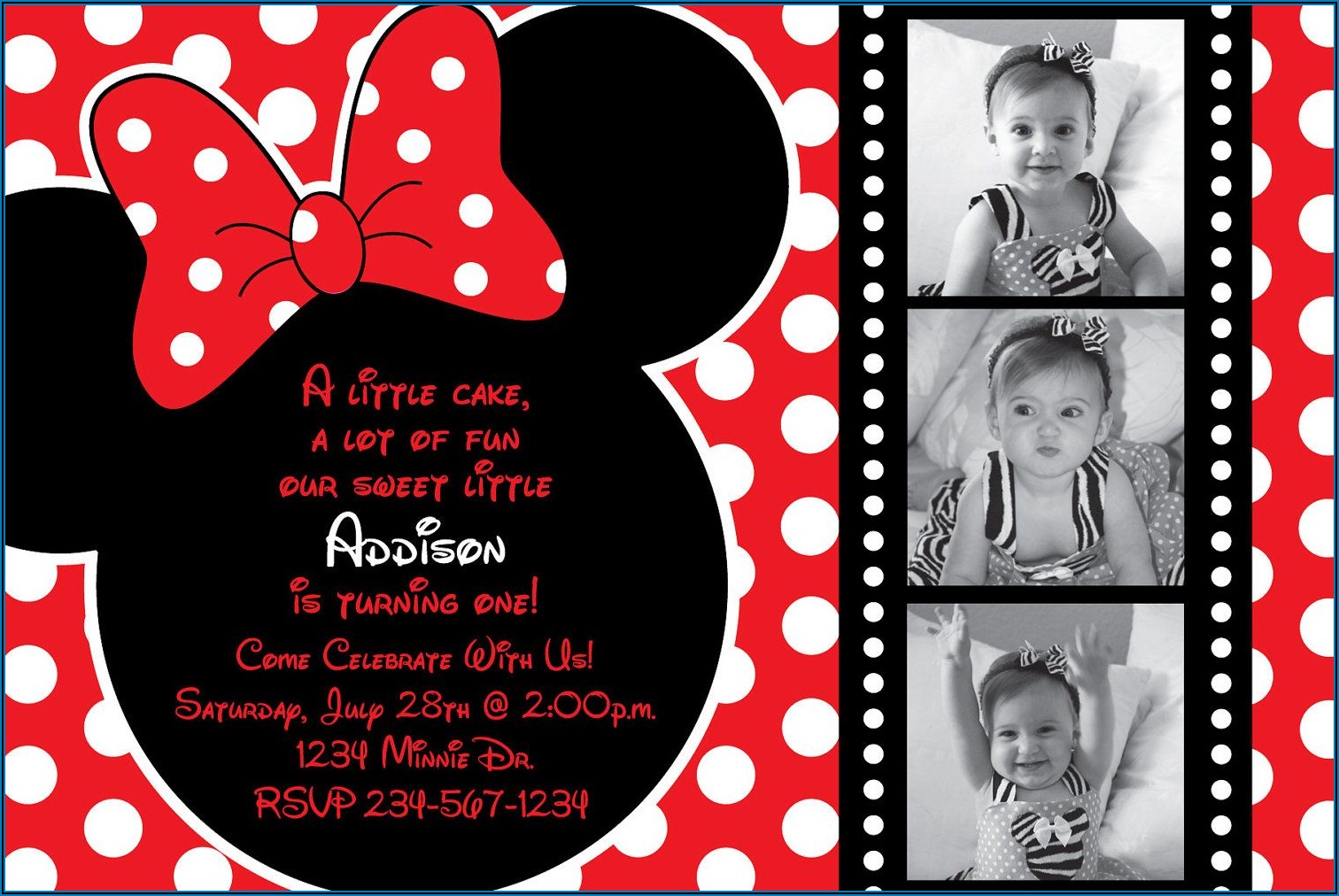 Red And Black Minnie Mouse 1st Birthday Invitations