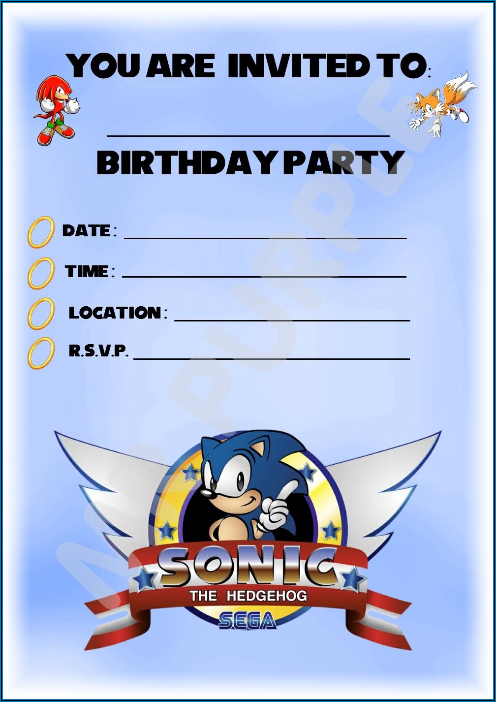 Sonic The Hedgehog Birthday Party Invitations