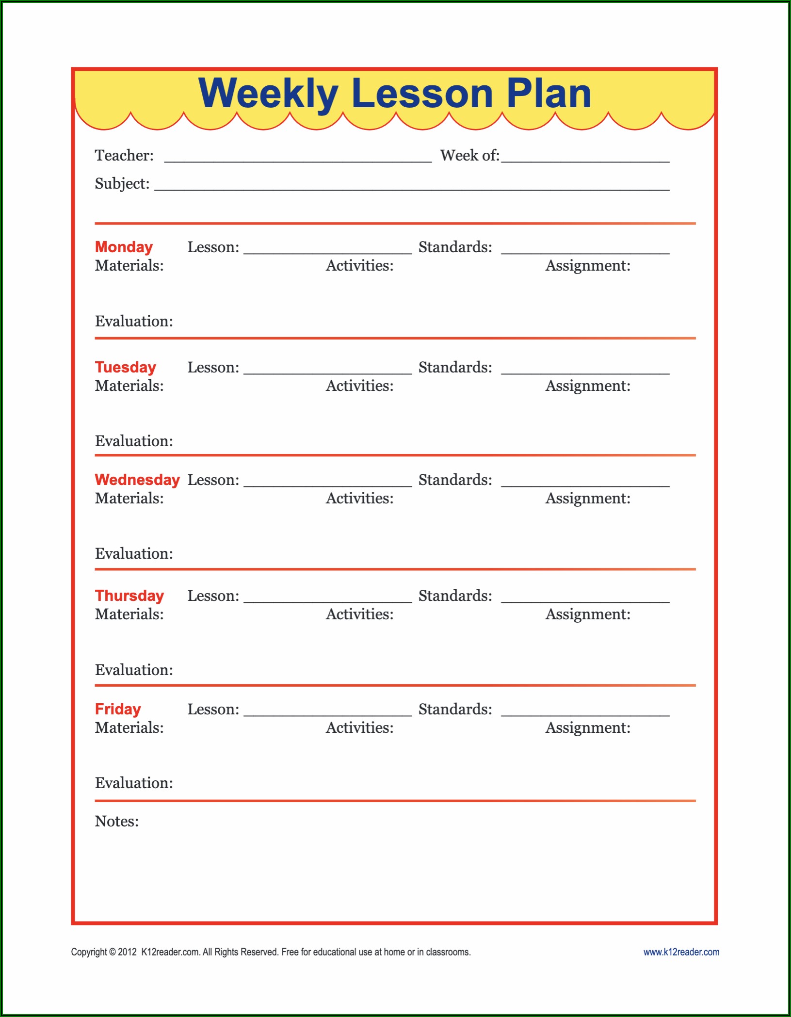 Teaching Strategies Weekly Planning Form Template
