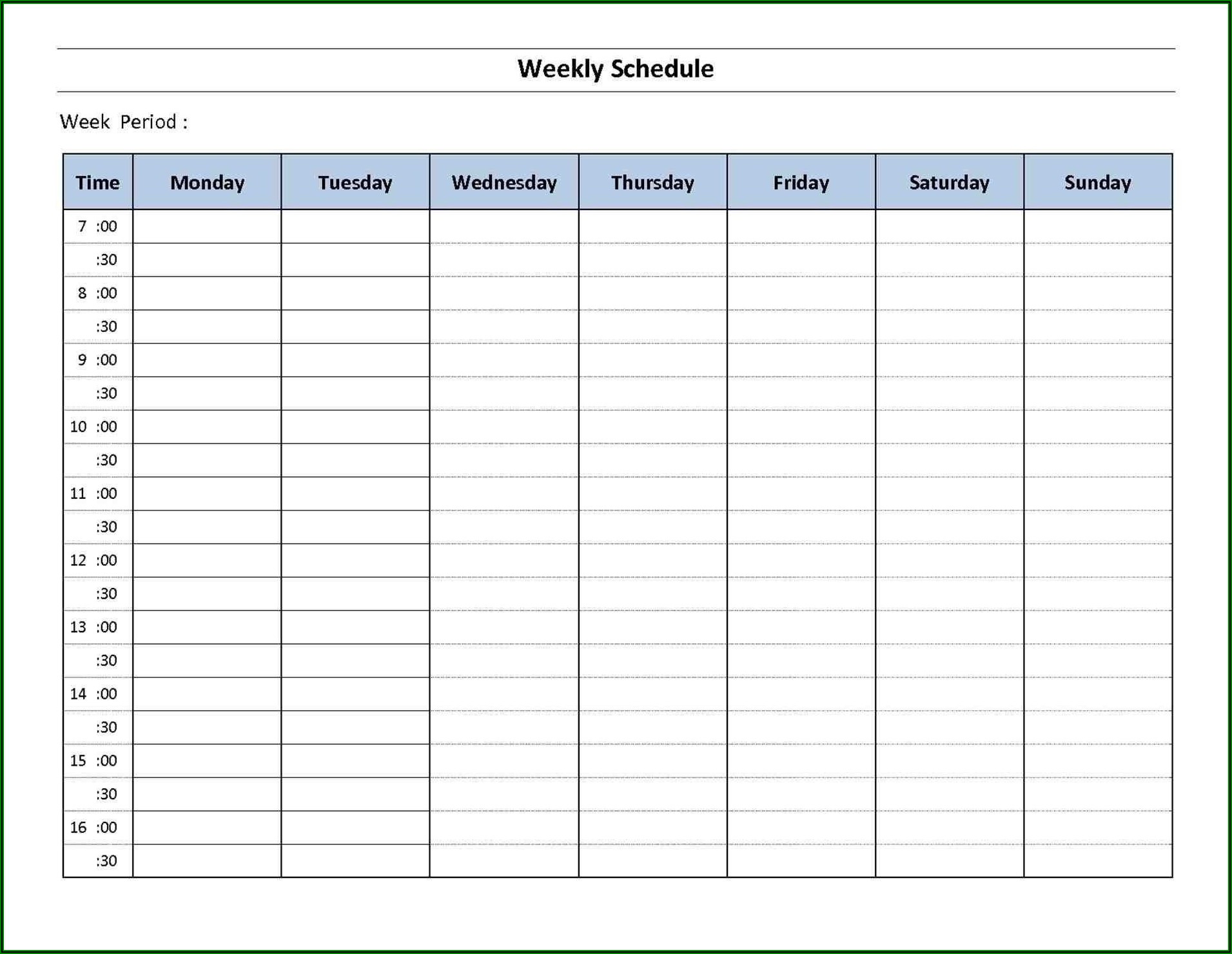 Weekly Calendar Template Hourly