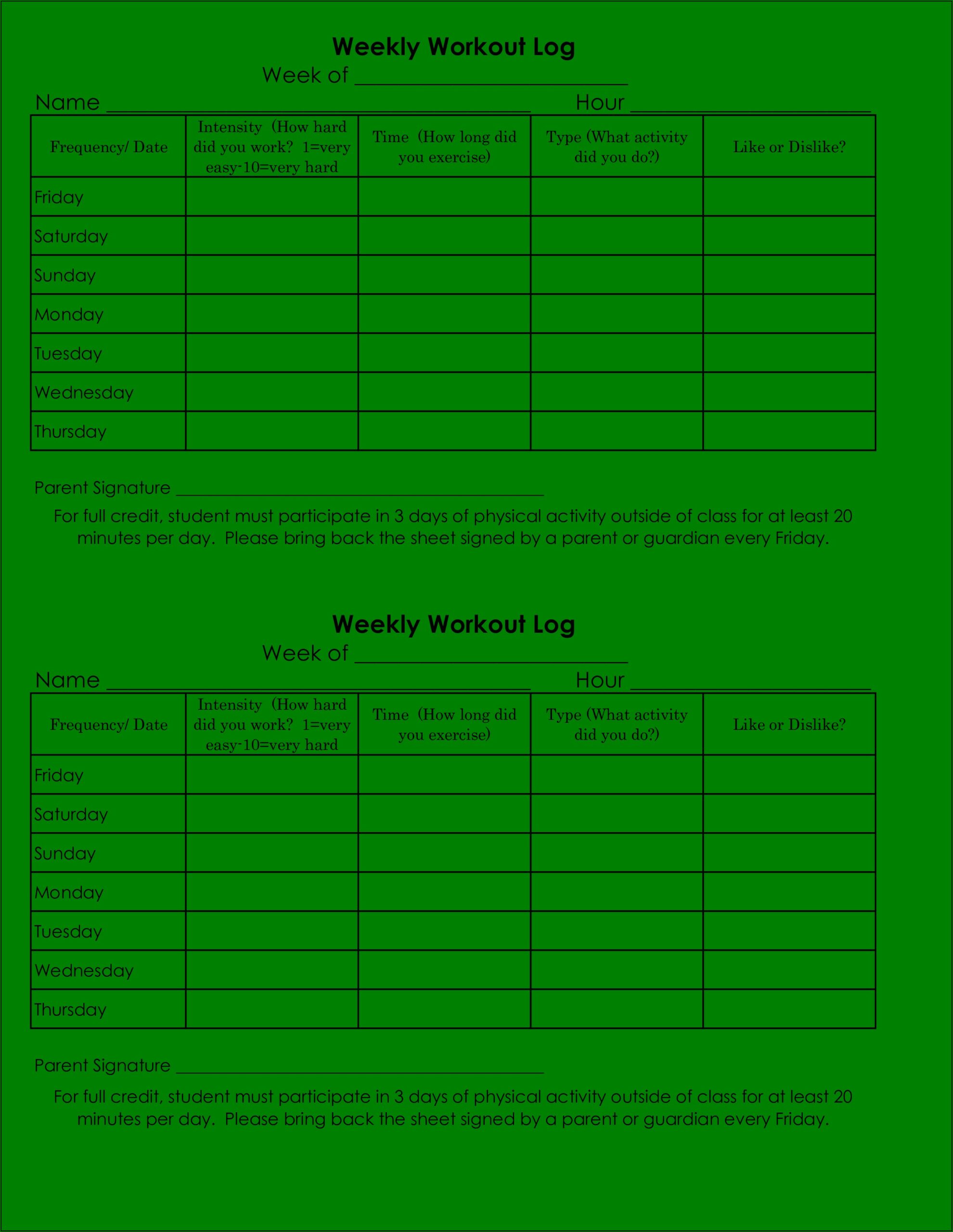 Weekly Fitness Log Template